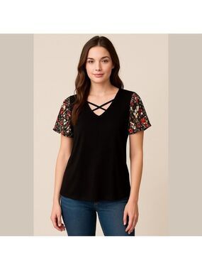 Black Floral Blouse with Sheer Sleeves and V Neck